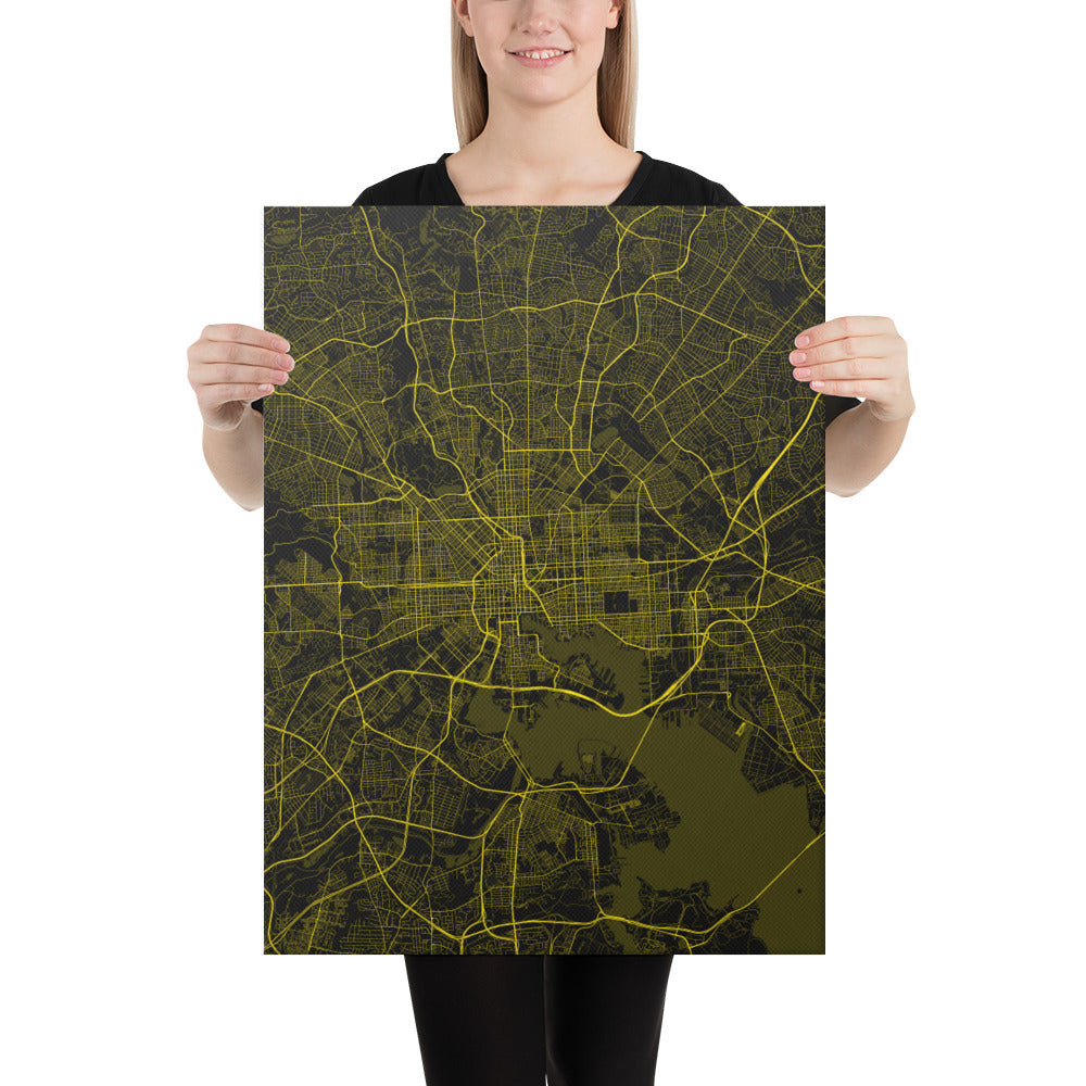 Baltimore Black and Yellow Canvas Map