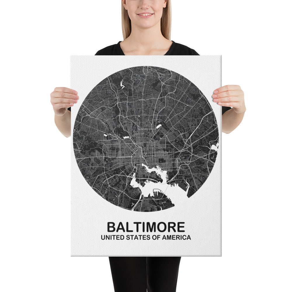 Baltimore Circular Black Canvas Map