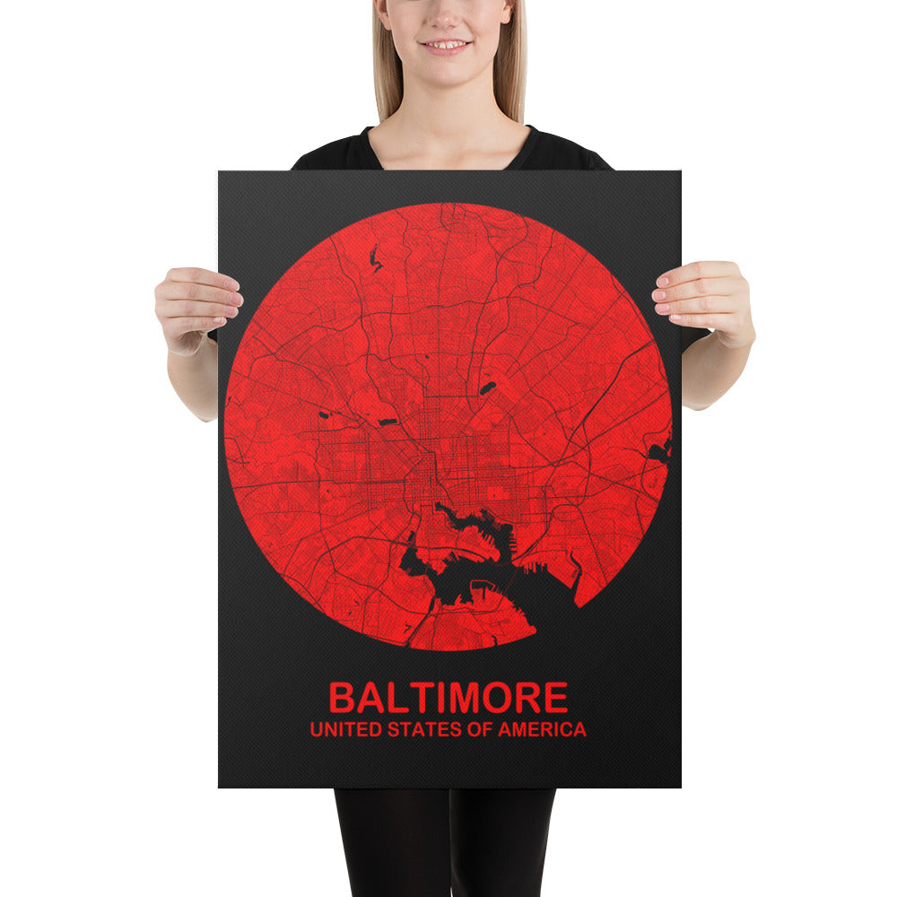 Baltimore Circular Red Canvas Map