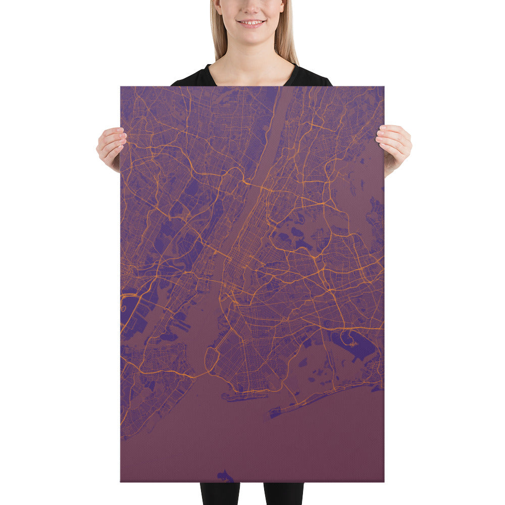 New York Purple and Orange Canvas Map