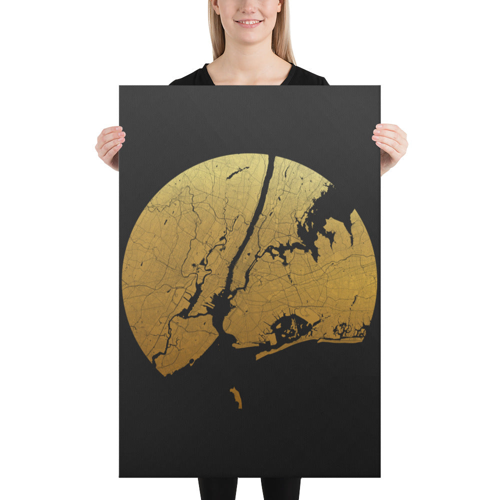 New York Gold on Black Canvas Map