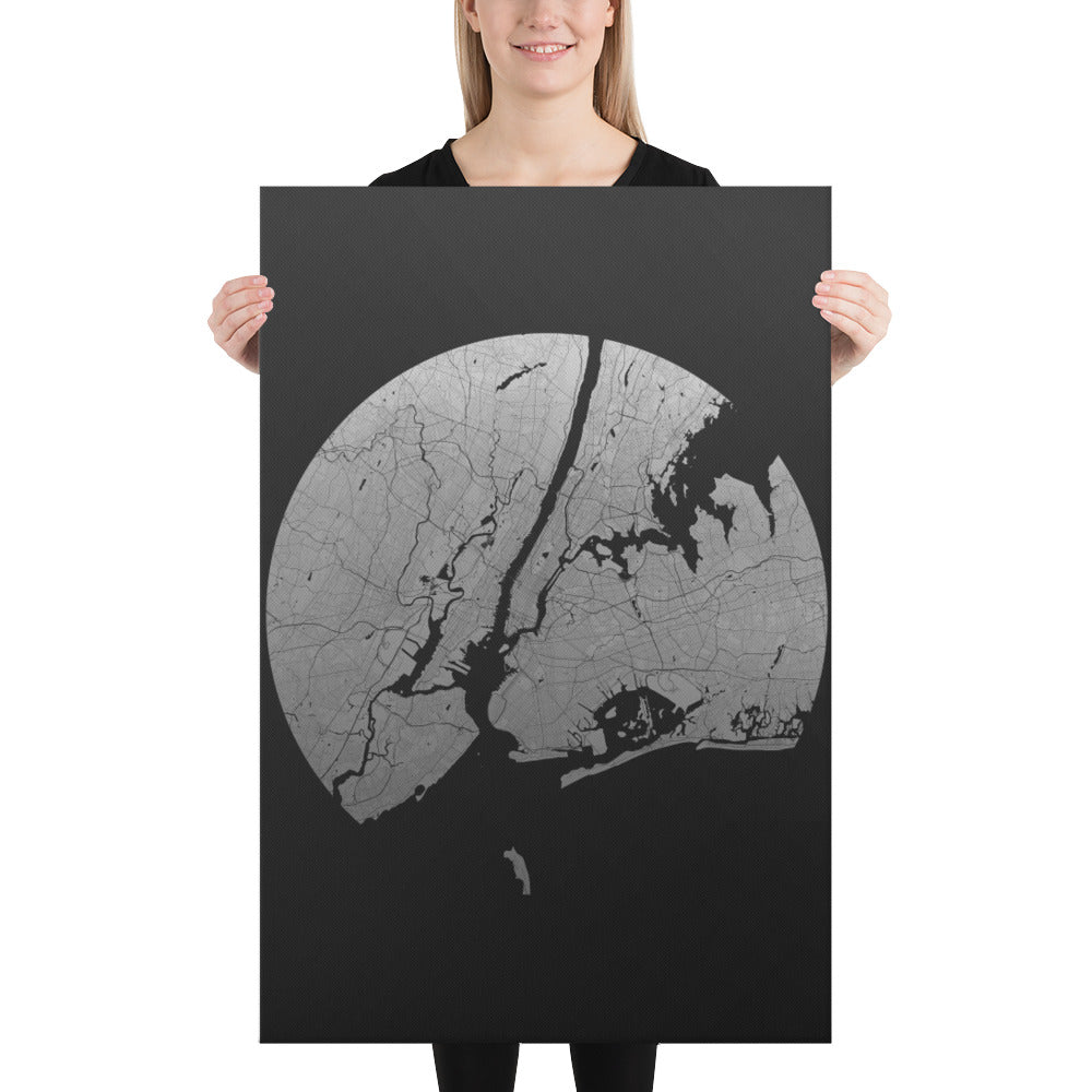 New York Silver on Black Canvas Map