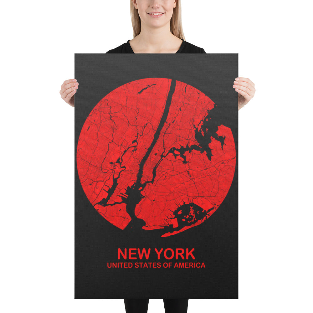 New York Circular Red Canvas Map