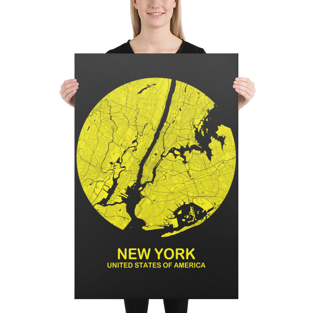 New York Circular Yellow Canvas Map