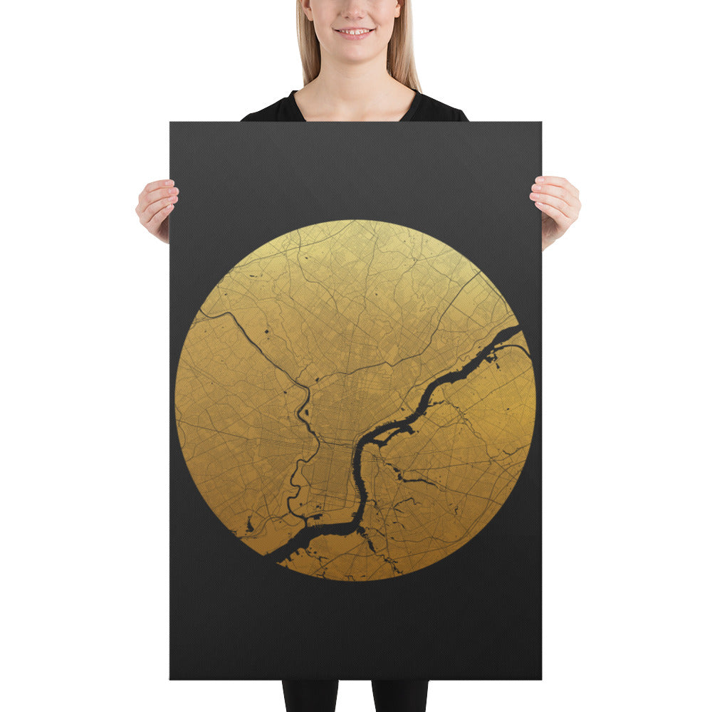 Philadelphia Gold on Black Canvas Map