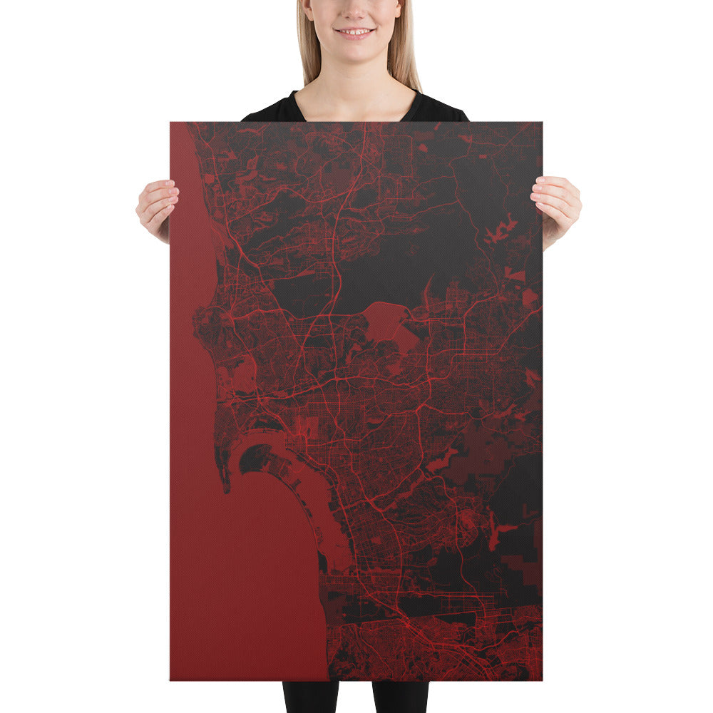 San Diego Black and Red Canvas Map