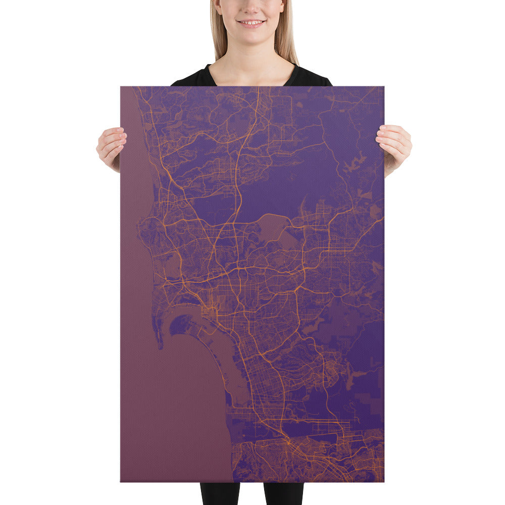 San Diego Purple and Orange Canvas Map