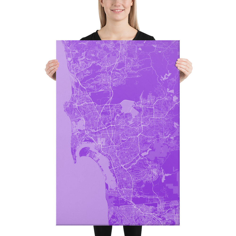 San Diego Purple and White Canvas Map