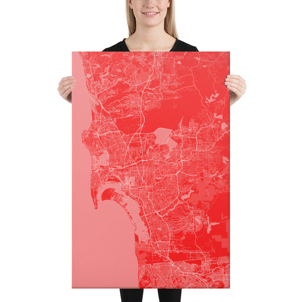 San Diego Red and White Canvas Map