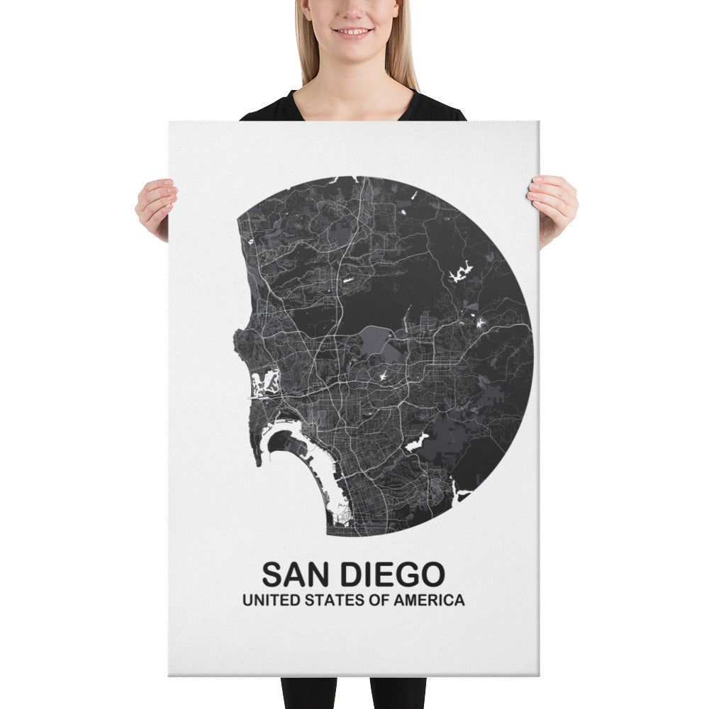 San Diego Circular Black Canvas Map