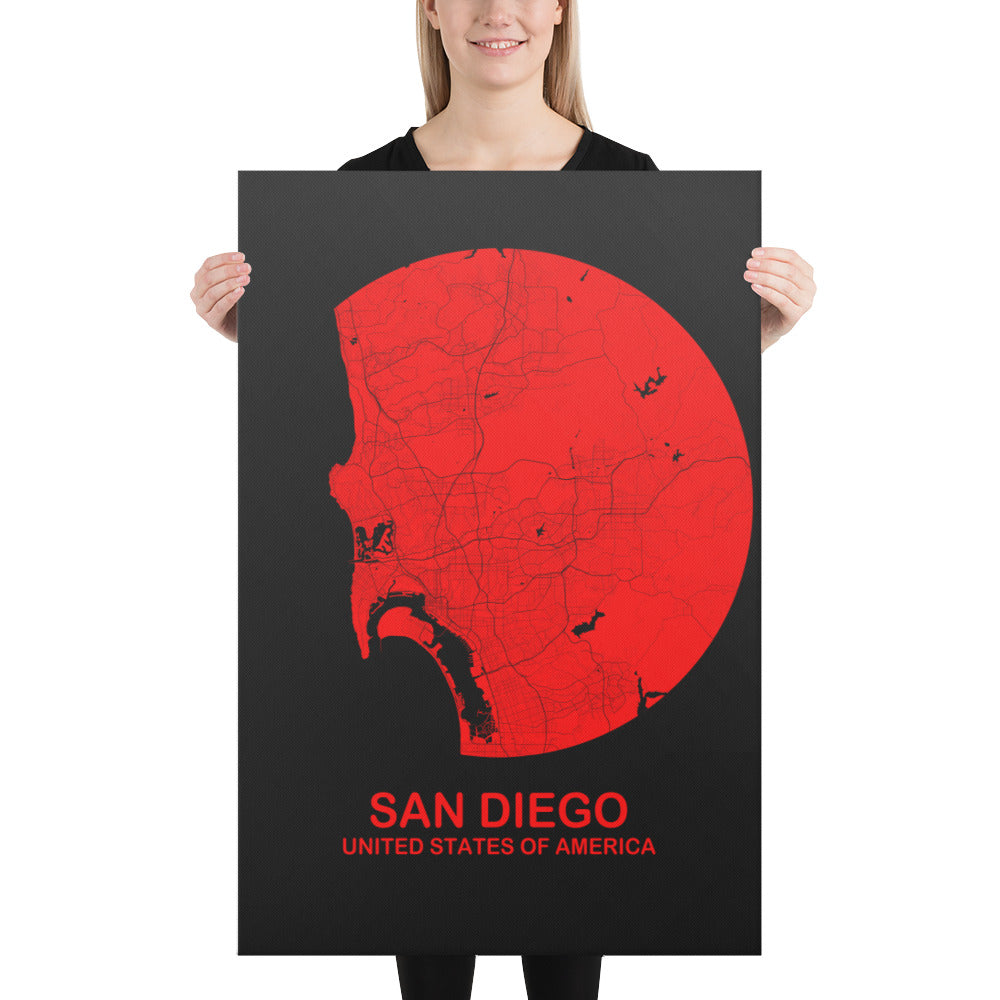 San Diego Circular Red Canvas Map