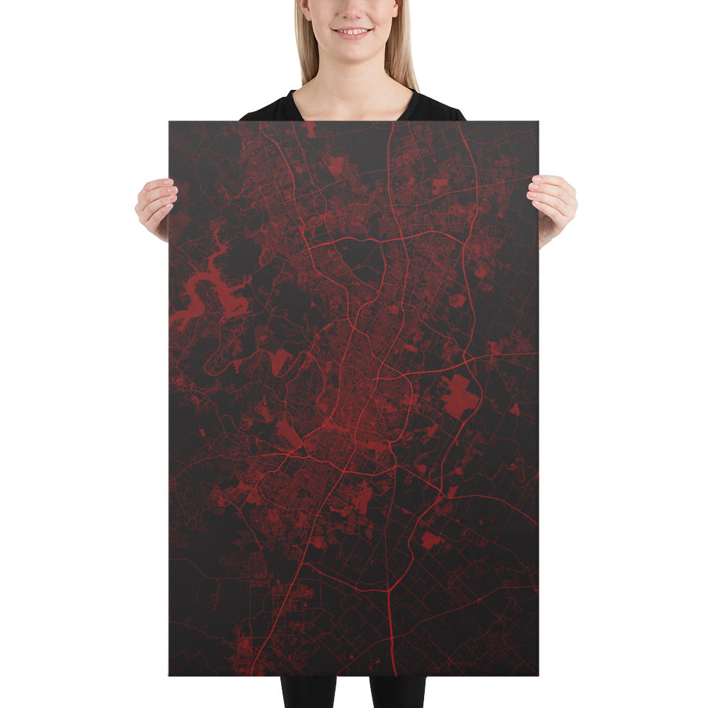 Austin Black and Red Canvas Map