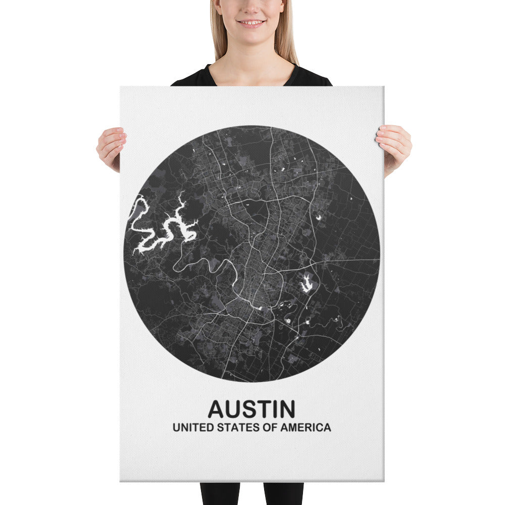 Austin Circular Black Canvas Map