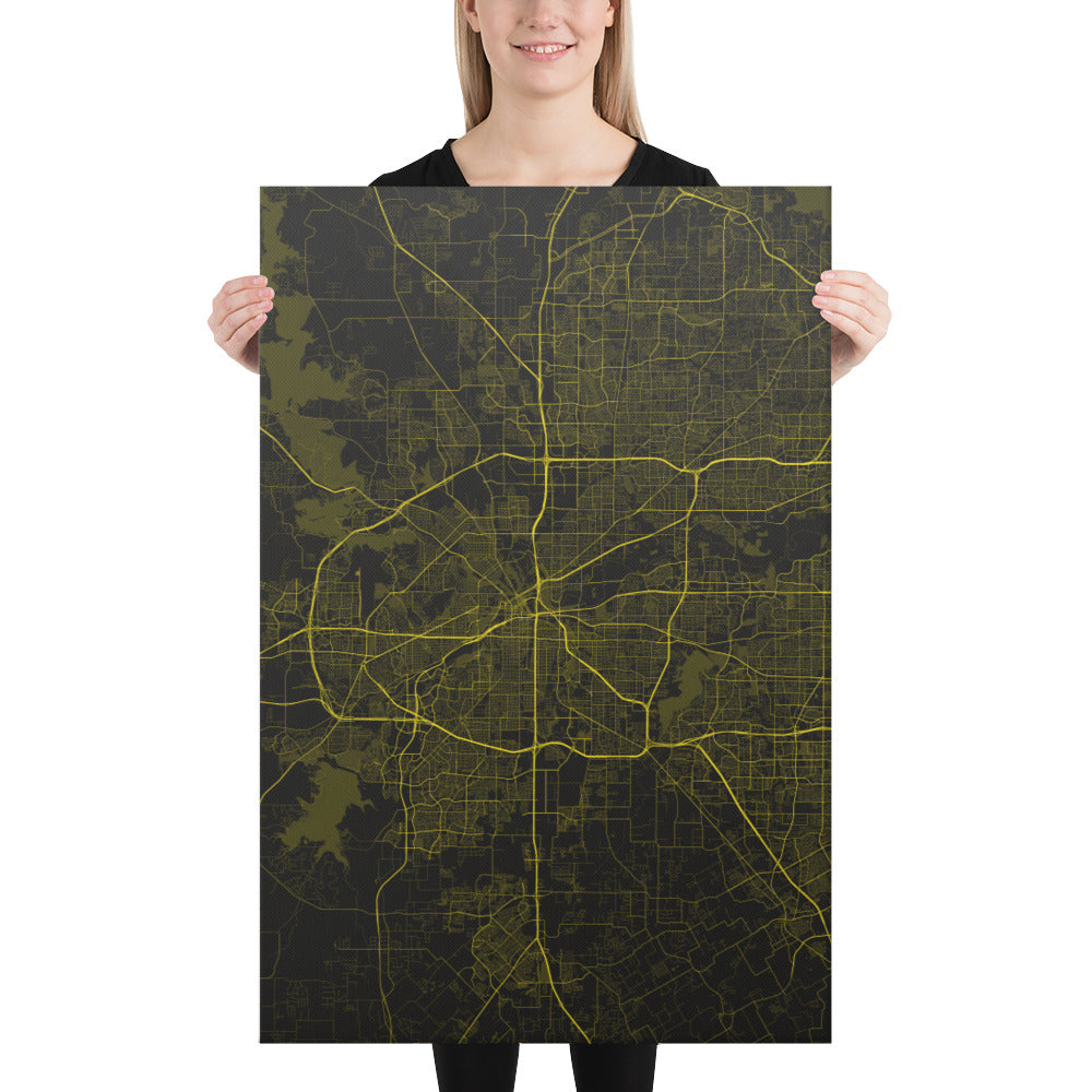 Fort Worth Black and Yellow Canvas Map