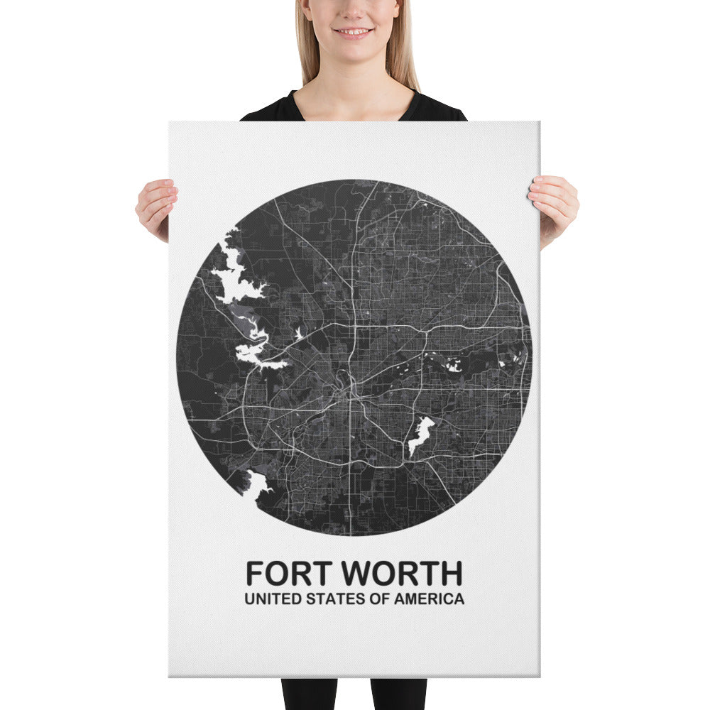 Fort Worth Circular Black Canvas Map