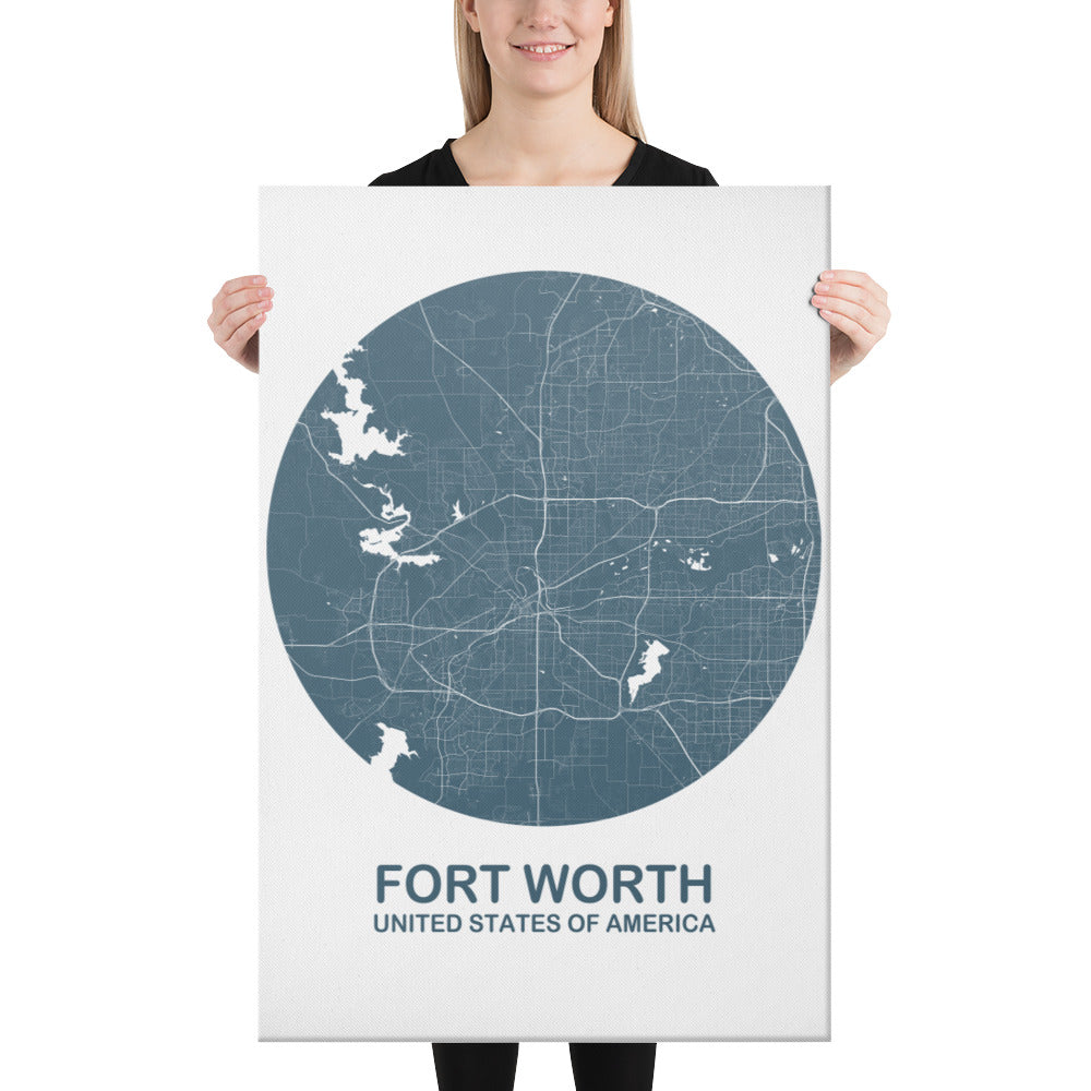 Fort Worth Circular Blue Canvas Map