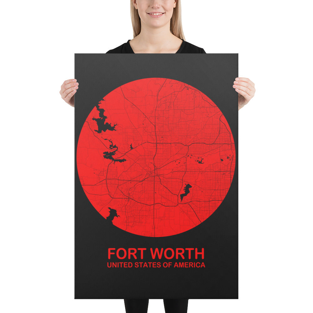 Fort Worth Circular Red Canvas Map