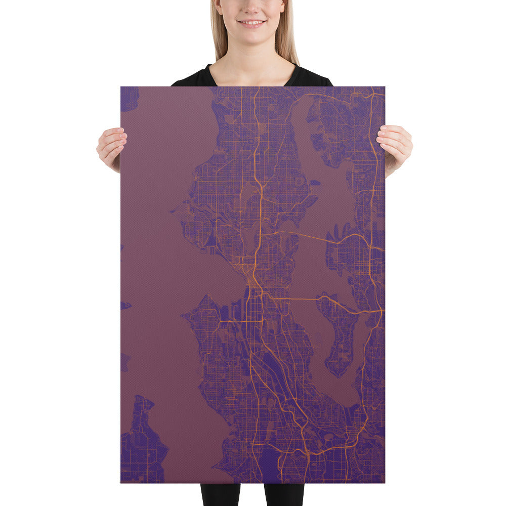 Seattle Purple and Orange Canvas Map