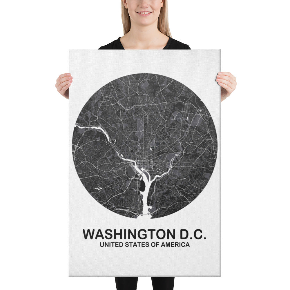 Washington, D.C. Circular Black Canvas Map