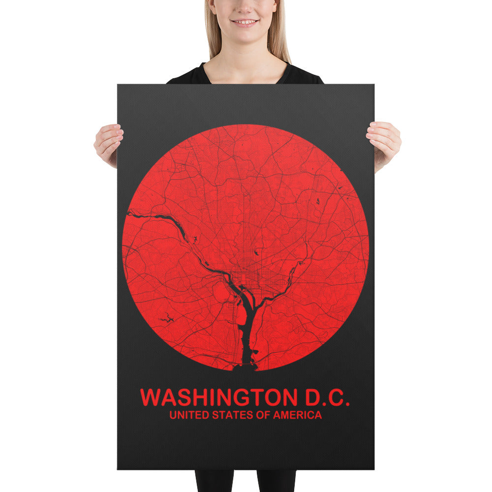 Washington, D.C. Circular Red Canvas Map