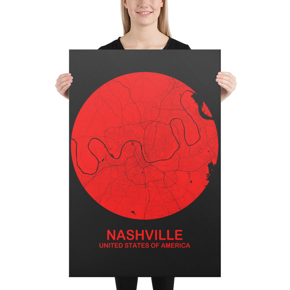 Nashville Circular Red Canvas Map