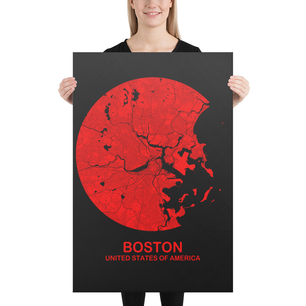 Boston Circular Red Canvas Map