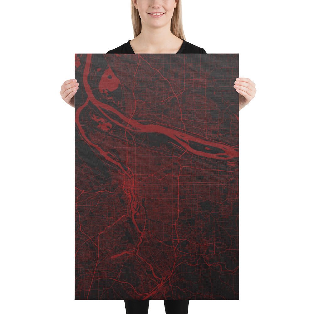 Portland Black and Red Canvas Map