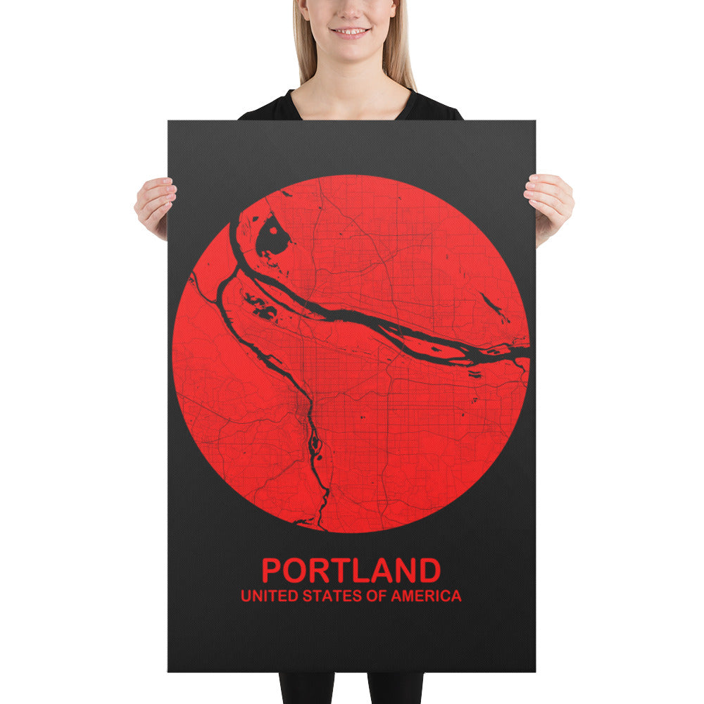 Portland Circular Red Canvas Map