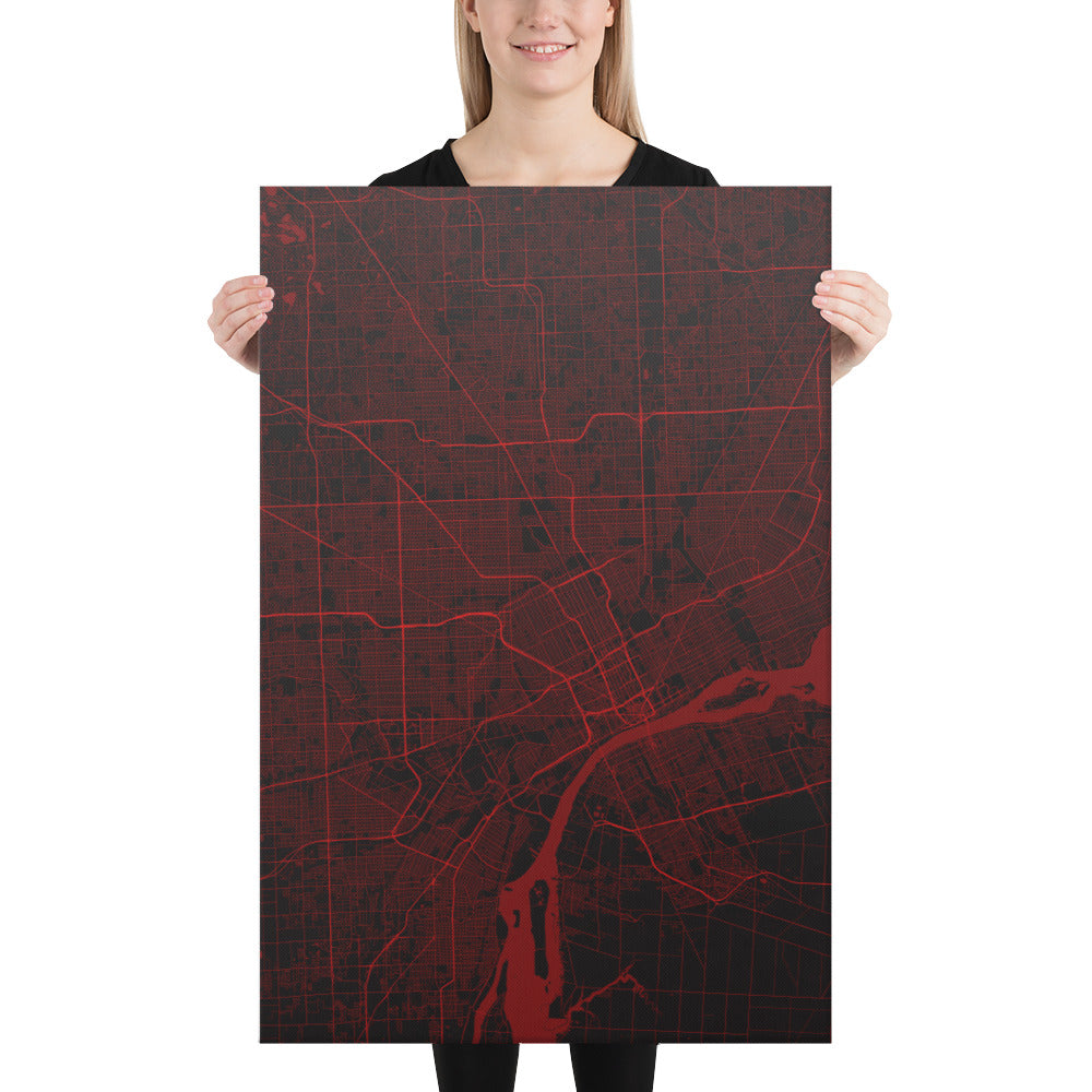 Detroit Black and Red Canvas Map