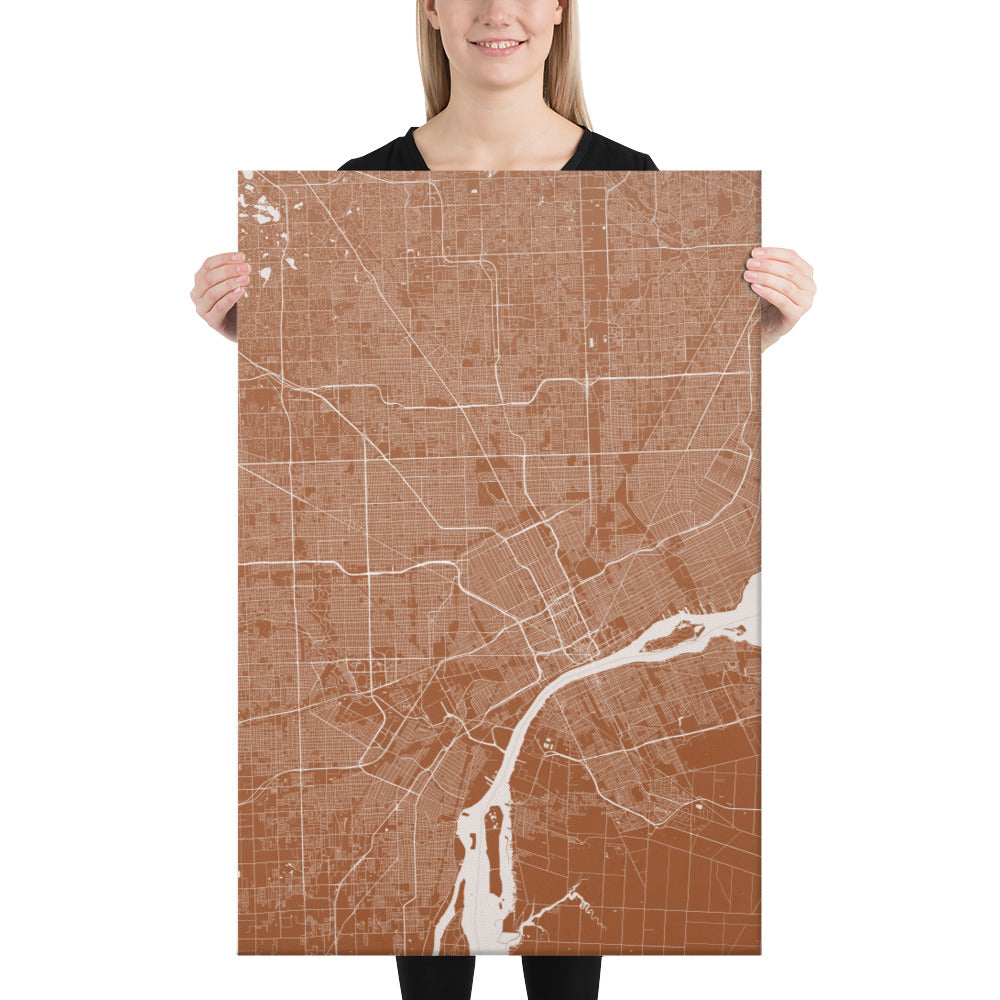 Detroit Brown and White Canvas Map