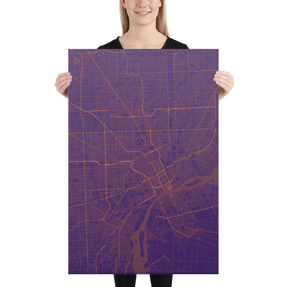 Detroit Purple and Orange Canvas Map