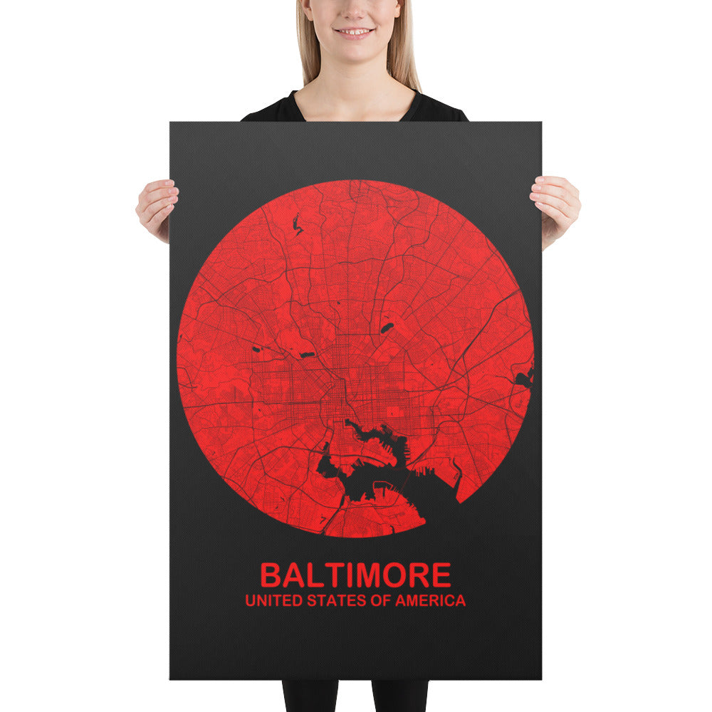 Baltimore Circular Red Canvas Map