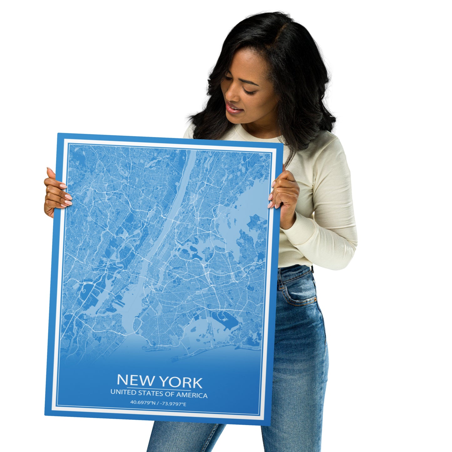 New York Blue and White Metal Map