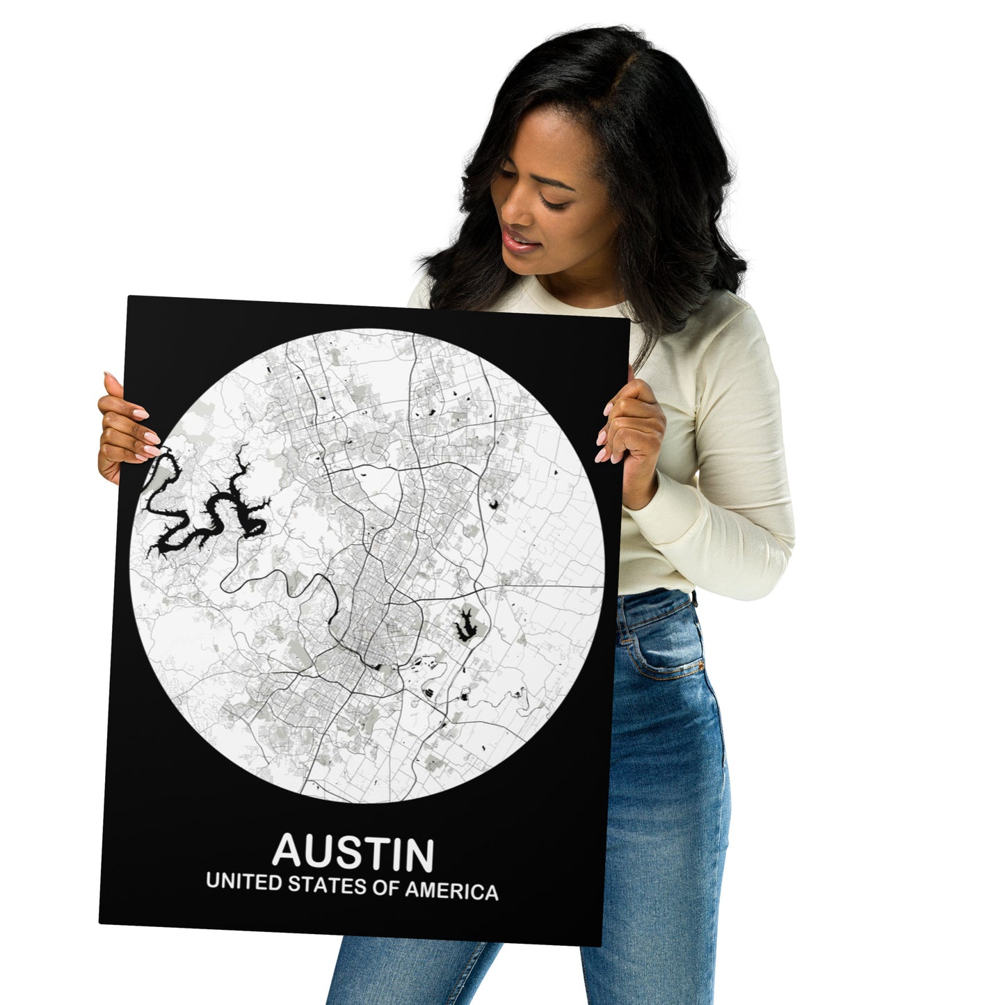 Austin Circular White Metal Map