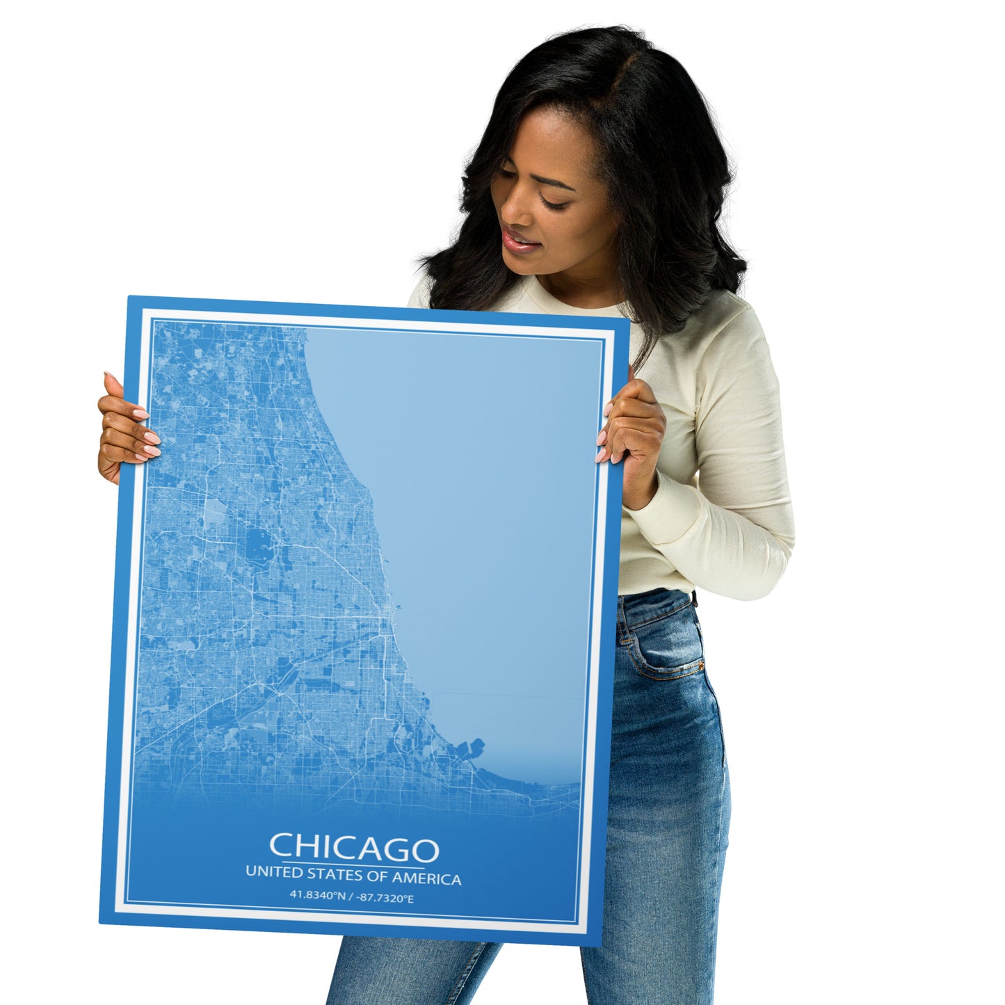 Chicago Blue and White Metal Map