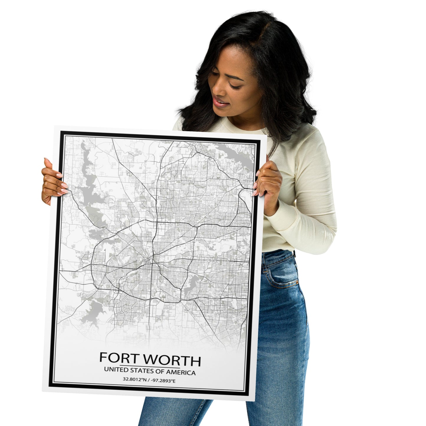 Fort Worth White Metal Map