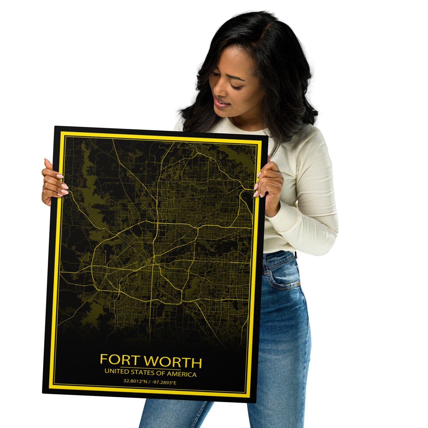 Fort Worth Black and Yellow Metal Map