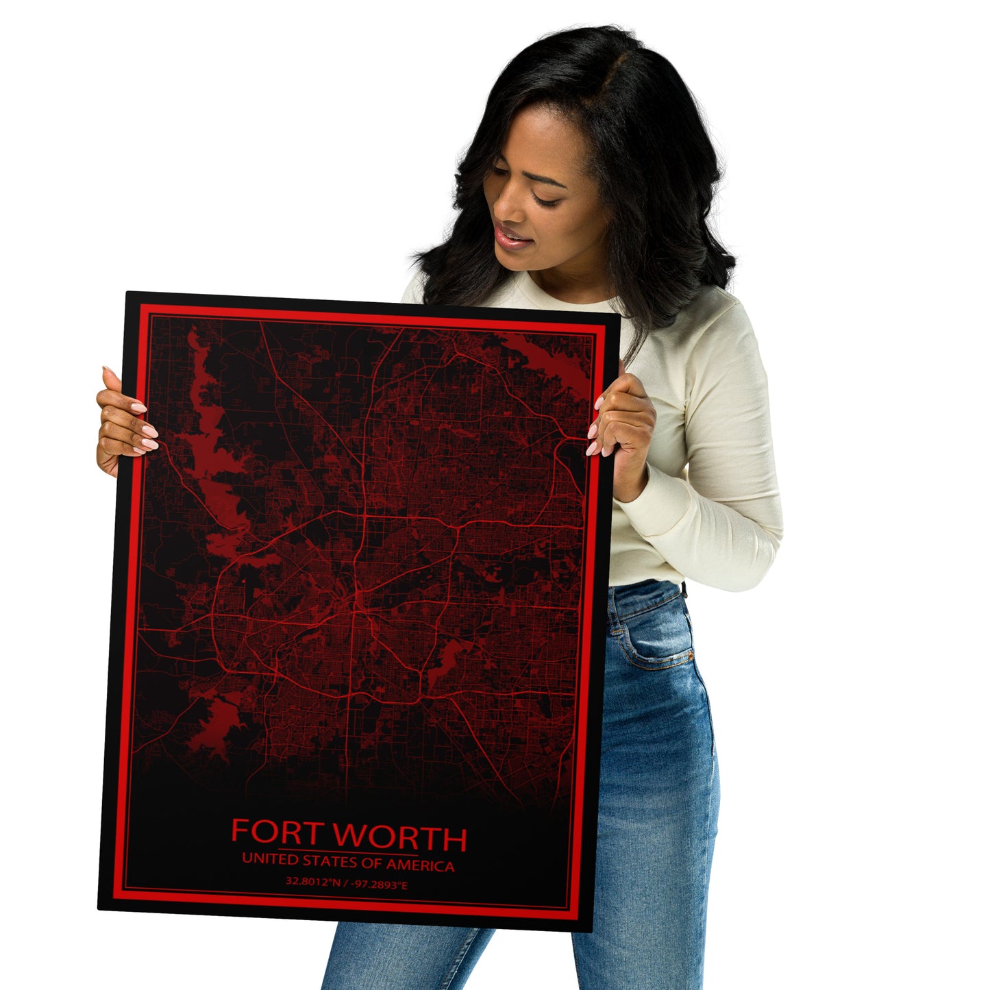 Fort Worth Black and Red Metal Map