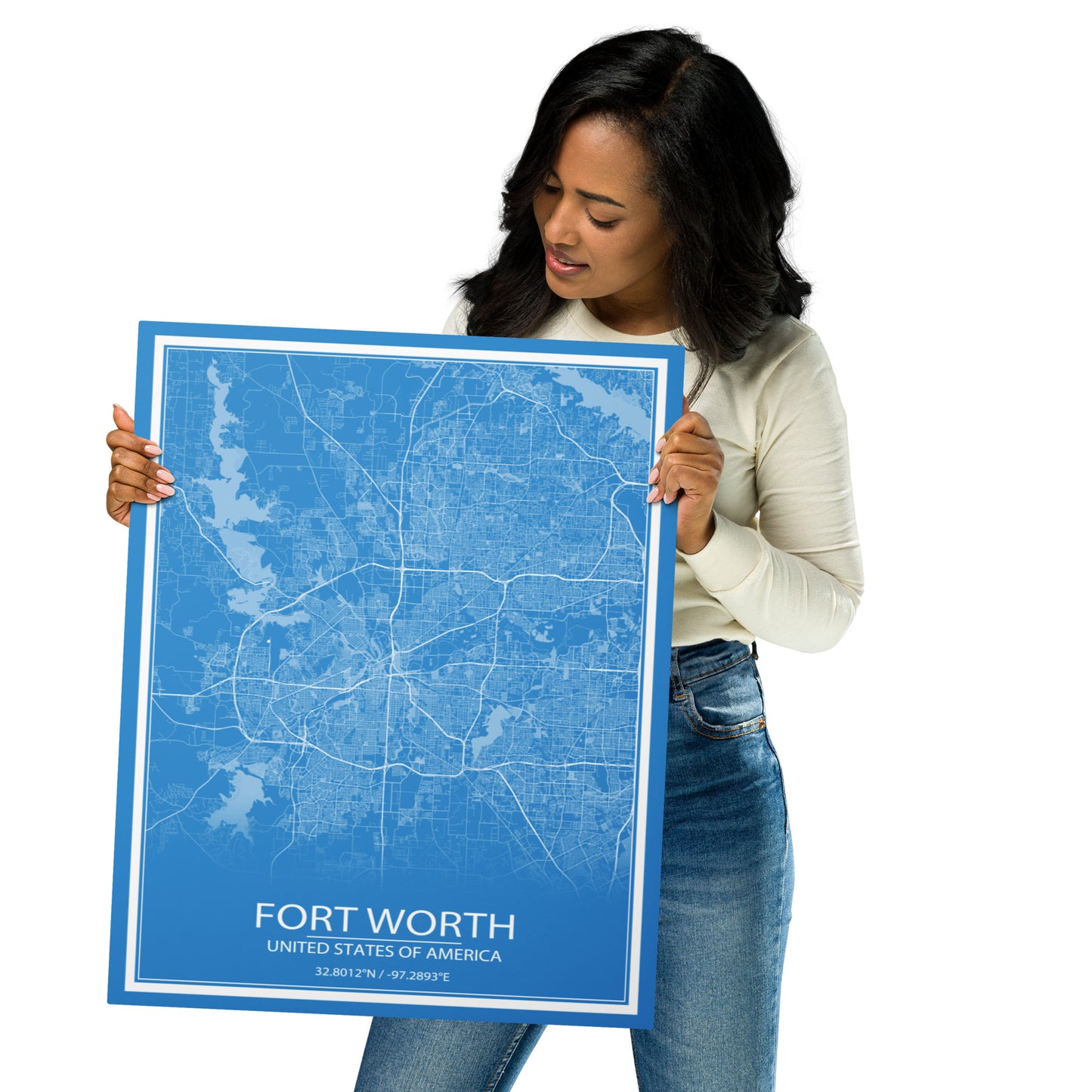 Fort Worth Blue and White Metal Map