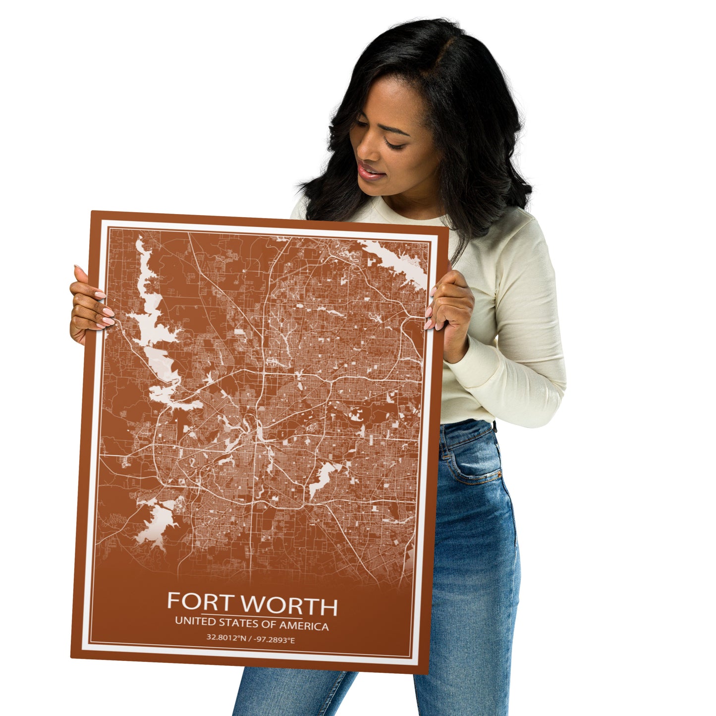 Fort Worth Brown and White Metal Map