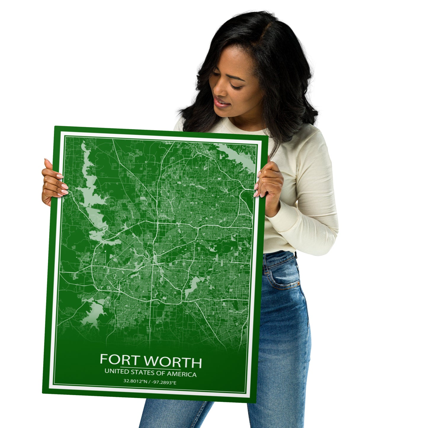 Fort Worth Green and White Metal Map