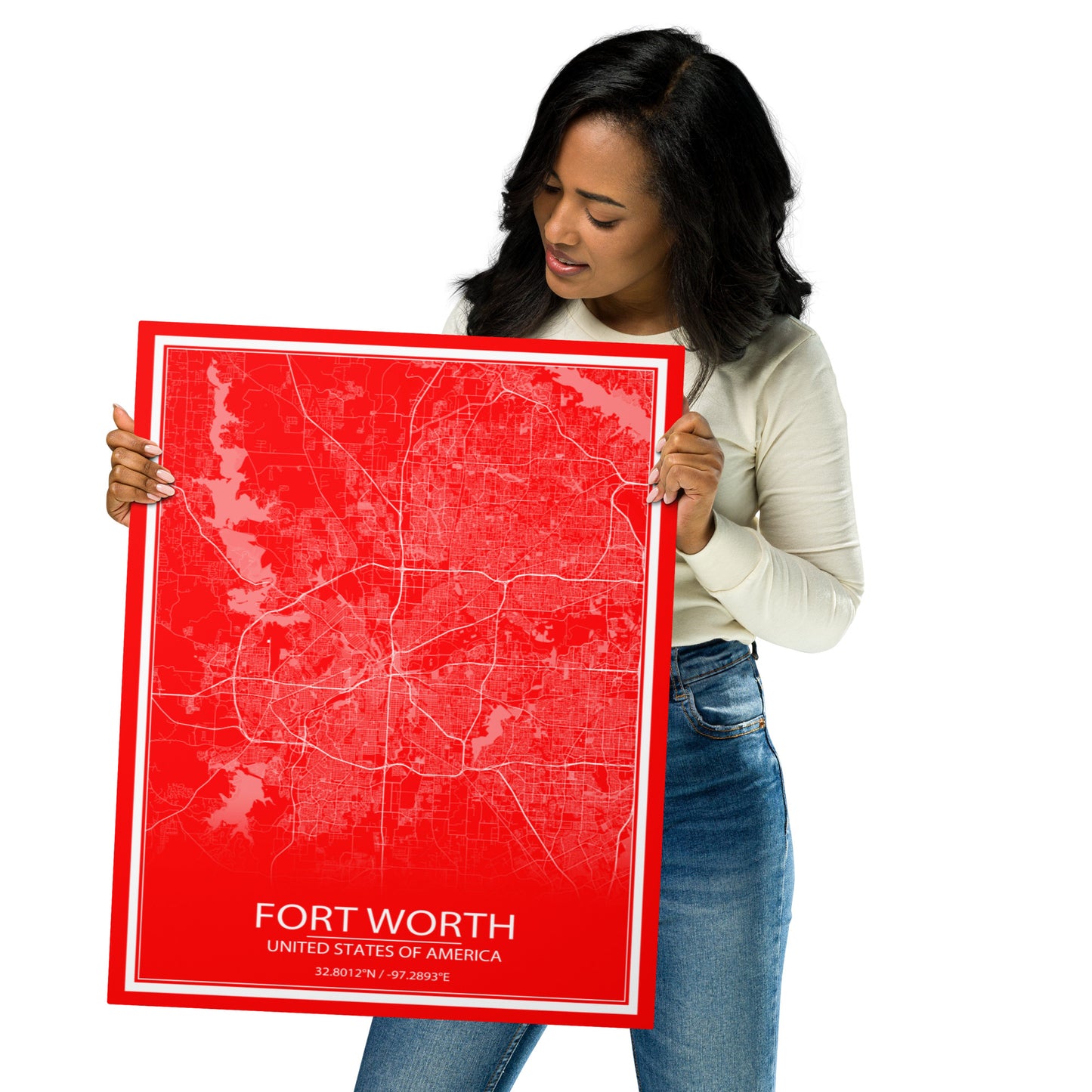 Fort Worth Red and White Metal Map