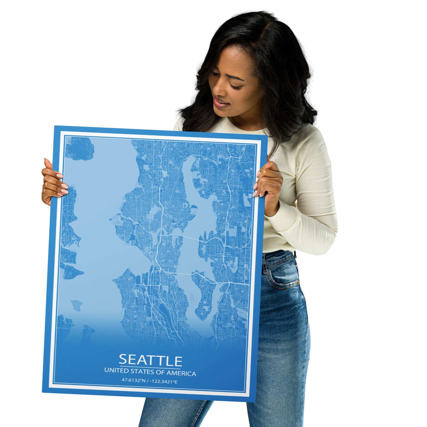 Seattle Blue and White Metal Map