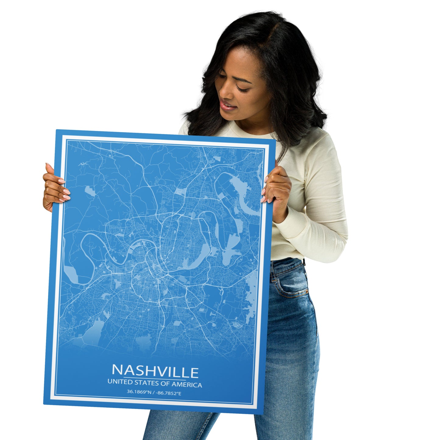 Nashville Blue and White Metal Map