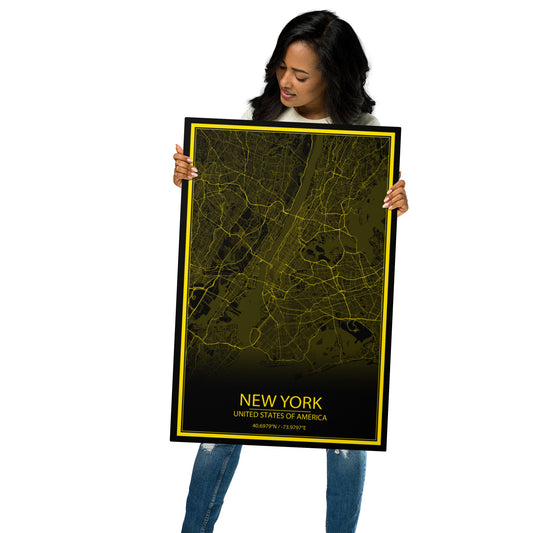 New York Black and Yellow Metal Map