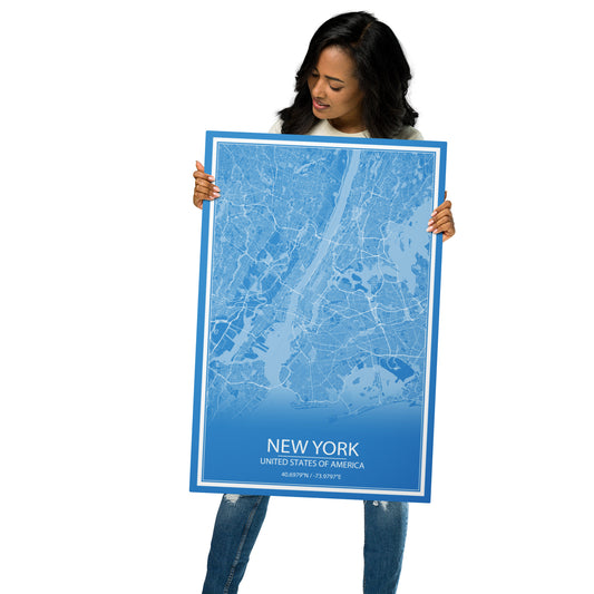 New York Blue and White Metal Map