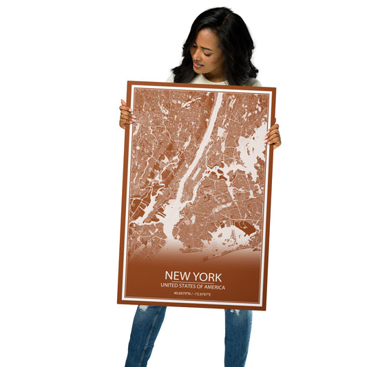 New York Brown and White Metal Map