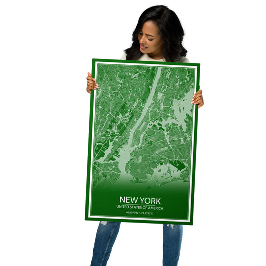 New York Green and White Metal Map