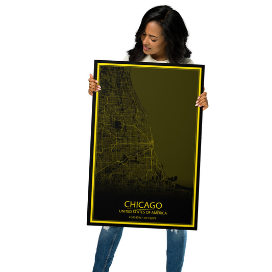 Chicago Black and Yellow Metal Map