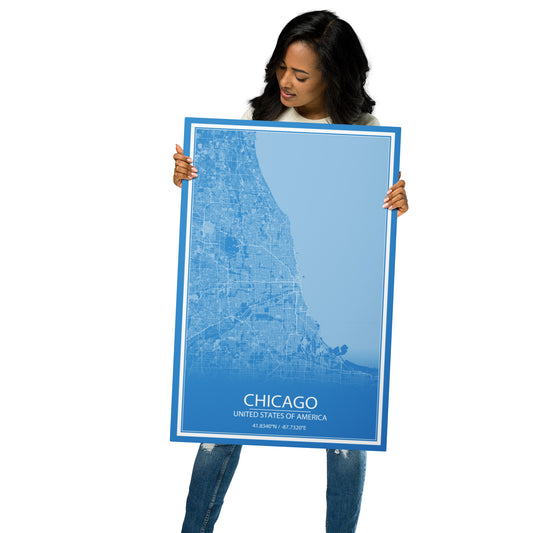 Chicago Blue and White Metal Map